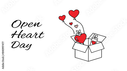 Open heart day greeting card with a gift box overflowing with red heart balloons and smaller heart gifts symbolizing love and generosity