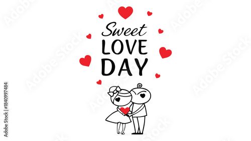 Cute cartoon couple holding a red heart surrounded by hearts with the text sweet love day in a simple black and white illustration perfect for valentine s day