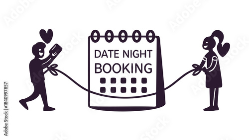Couple planning a date night by booking a calendar appointment with hearts symbolizing love and connection a romantic planning concept