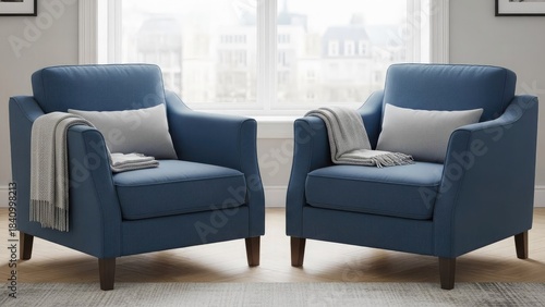 Contemporary living room interior design featuring a comfortable blue leather sofa,  and cushions