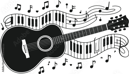 Black and white guitar with musical notes and piano keys
