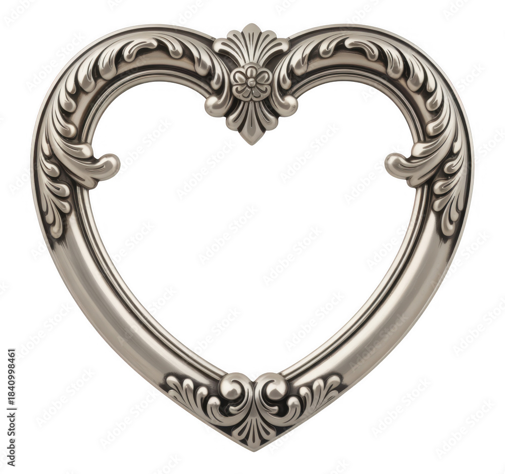 Fototapeta premium Ornate silver heart shaped decorative frame with floral scrollwork isolated on a transparent background