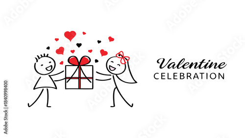 Joyful stick figures exchange a valentine s day gift surrounded by floating hearts and the words valentine celebration