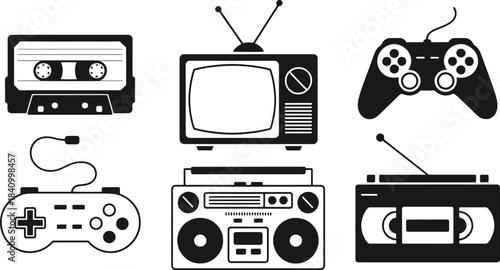 Black and white of vintage audio and gaming devices including cassette tape, television, game controllers, boombox, and V C R