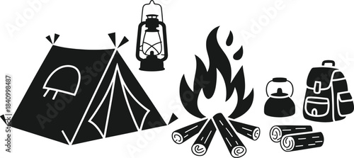 Black and White Camping Scene with Tent, Campfire, Lantern, and Backpack