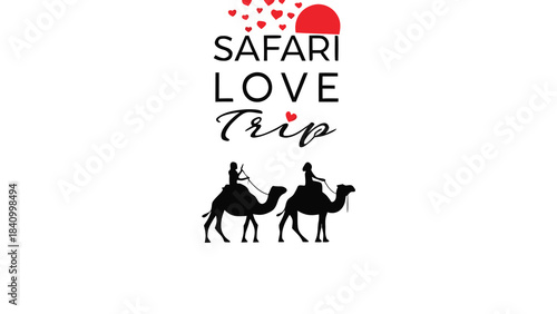Romantic safari love trip with couple riding camels silhouette under a heart shaped sun and falling hearts perfect for travel romance and adventure