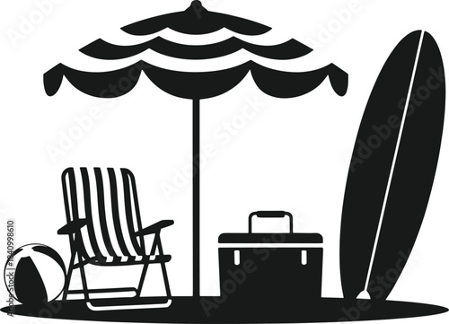 Black and white of a beach scene with a surfboard, chair, and cooler umbrella