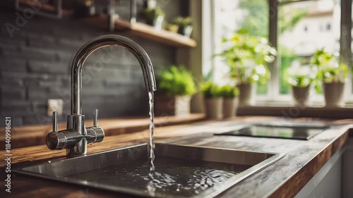 Water flowing from kitchen faucet