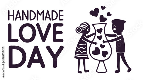 Couple creating a vase filled with hearts and the words handmade love day symbolizing handmade gifts and romantic celebrations