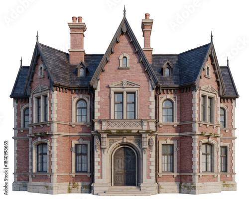 Ornate red brick Victorian mansion with steep gabled roofs and multiple chimneys isolated on a transparent background