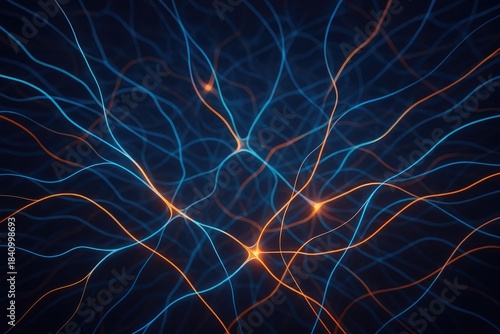 Abstract network connections glow with blue and orange lines, neural pathway visualization, network.
