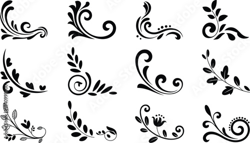 Floral Decorative Corner Elements with Leaf and Swirl Ornament Designs