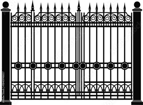 Ornamental Wrought Iron Gate with Decorative Spikes and Scrollwork Design
