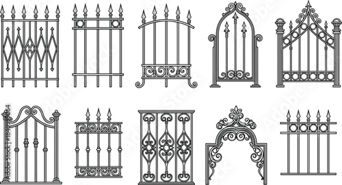 Wrought Iron Gate Collection with Decorative Ornamental Fence Designs Illustration
