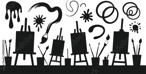 Black and white of easels brushes and paint splatters forming the word
