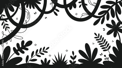 Black and white abstract floral and leaf pattern with swirling branches and small dots