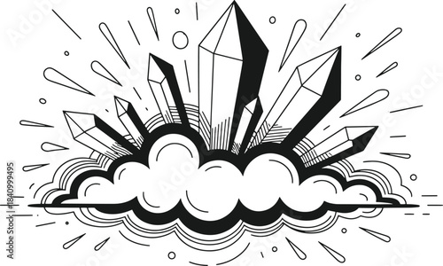 Black and white of a cluster of sharp crystals radiating energy with dynamic lines and dots
