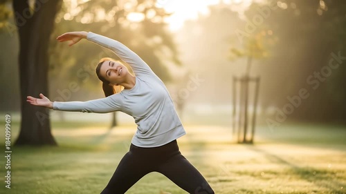 Serene Morning Stretch: Woman Practicing Yoga in Park