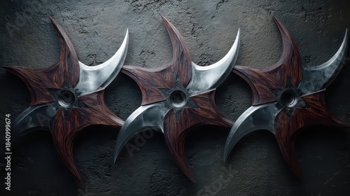 Sharp Metallic Shuriken Weapons With Wooden Texture Arranged In A Row On Dark Textured Background
