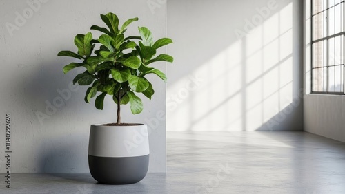 Indoor plant in modern office interior with a decorative pot on the wood floor