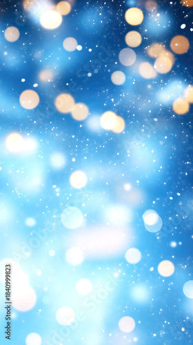 Holiday season sale poster, clean vector design with floating 3D snow particles, cool blue palette, with sparkling highlights