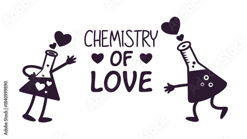 Cute chemistry of love illustration with heart shaped bubbles and animated flasks