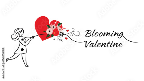 A whimsical illustration of a person holding a bouquet of flowers attached to a red heart with the text blooming valentine