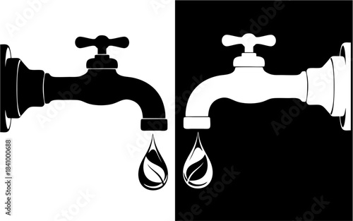 A striking black and white illustration depicting a dripping water faucet, symbolizing conservation and environmental consciousness with a leaf motif within the falling droplet