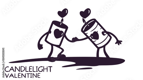 Two adorable cartoon candles holding hands with hearts above their flames celebrating valentine s day