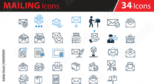Mail and email communication icons vector set, envelope, mailbox, postal service, delivery, stamp, document, email symbol, spam alert, download arrow, handwritten letter, postal worker