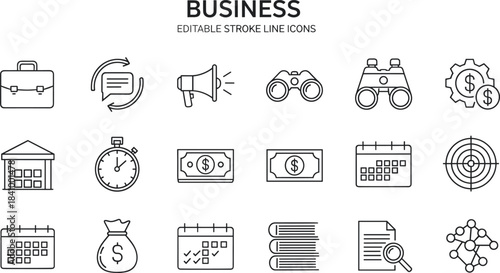 Automobile Transportation Line Icons Vector Set, Car, Truck, Delivery Van, Tanker, Caravan, Tow Truck, Forklift, Road Logistics Shipping.