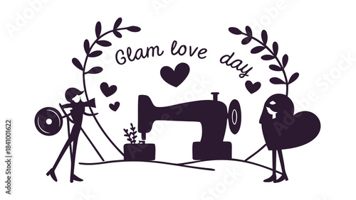 Whimsical silhouette illustration of a sewing machine surrounded by decorative elements and the text glam love day symbolizing creativity and passion for fashion design and crafting
