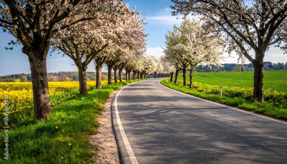 Obraz premium Road with blooming trees in spring
