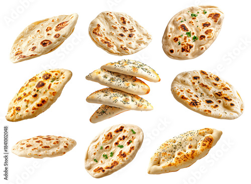 Set of naan bread showcasing its golden crust and herbs isolated on white transparent background, concept of food