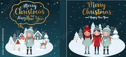 Merry Christmas cards with houses snowy trees cute girls and festive lettering, wintry scene Christmas template with charming holiday illustrations, cozy winter village greeting card designs for print
