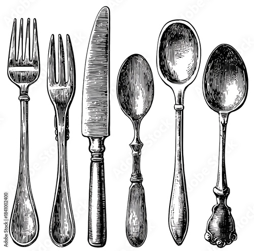Vintage silverware set with fork, knife, and spoons isolated on white background