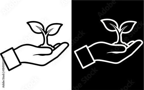 Hand holding a young plant seedling, symbolizing growth, care, and environmental protection with a clean, modern design