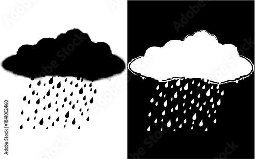 Black and white illustration of a cloud with rain falling, representing precipitation and weather patterns in a graphic format
