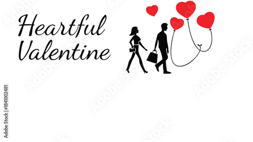 Heartfelt valentine illustration with a couple walking and red heart balloons floating above them symbolizing love and romance on a white background