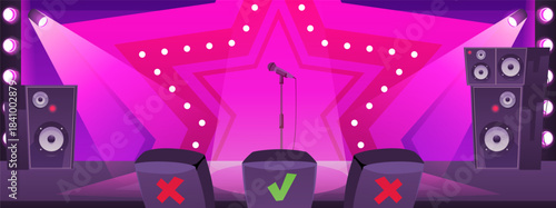 Talent show stage, TV translation of a singing show and celebrity jury places behind, vector cartoon media background