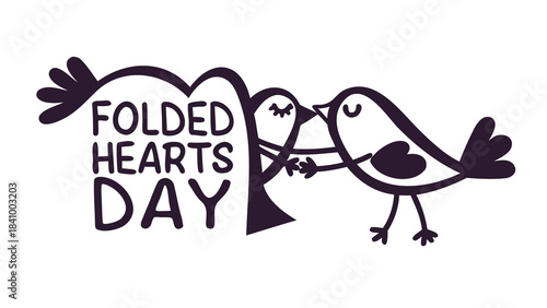 Cute cartoon birds with a heart shape and the text folded hearts day celebrating love and togetherness on a white background