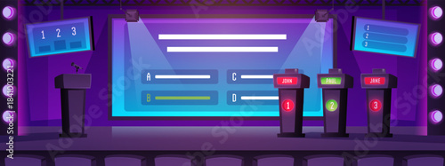 TV Quiz show stage with participants places who answer questions and get points, studio interior for recording contest