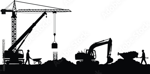 Construction site silhouette with tower crane, mobile crane, excavator, front loader, workers with wheelbarrow, dirt piles, heavy equipment teamwork, urban industry