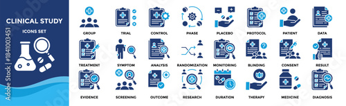 Clinical study icon set collection. an icon pack contain trial, patient, placebo, control, protocol, data, dosage, group, phase, result