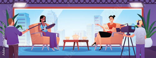 A TV show studio with a host, a guest, and camera operators seated in chairs.