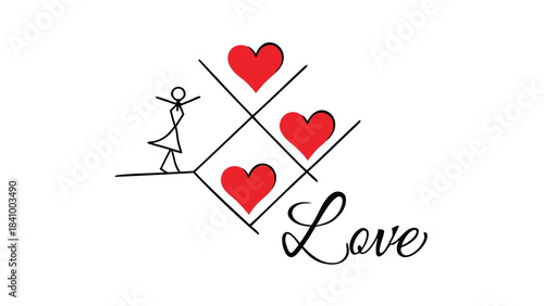 A whimsical stick figure woman stands on a line next to a tic tac toe board filled with red hearts and the word love written in script