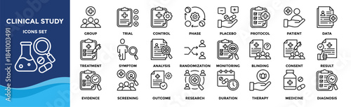 Clinical study icon set collection. an icon pack contain trial, patient, placebo, control, protocol, data, dosage, group, phase, result