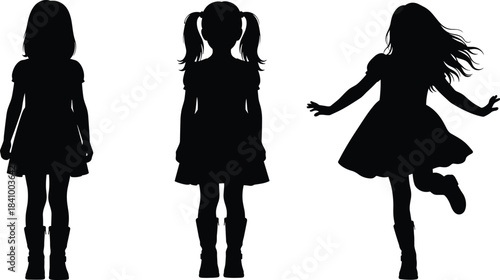 Silhouette girls in motion, standing pose, hairstyle variety, abstract child form, playful gesture, dress and boots, youthful energy, black figures