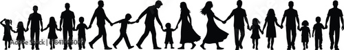 Silhouette of diverse people holding hands, unity, community, family, togetherness, social bond, teamwork, support, connection, children, adults, peace, harmony, love