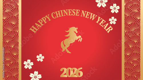 Chinese New Year or Lunar New Year Greeting Illustration template. 2026 horse zodiac with cherry blossom petals and geometrical fan border. gradient red and gold luxury